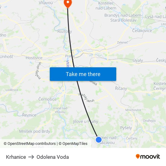 Krhanice to Odolena Voda map