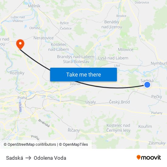 Sadská to Odolena Voda map