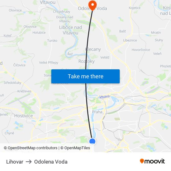 Lihovar to Odolena Voda map