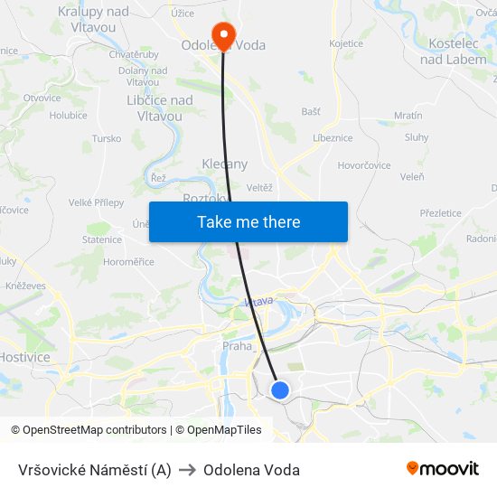 Vršovické Náměstí (A) to Odolena Voda map