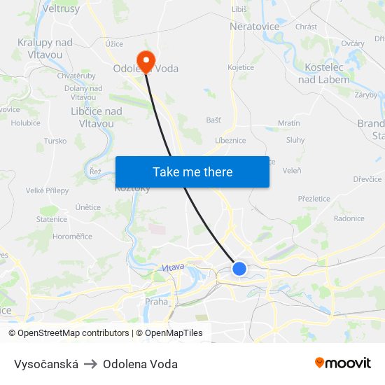 Vysočanská to Odolena Voda map