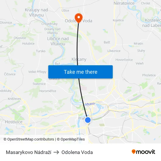 Masarykovo Nádraží to Odolena Voda map