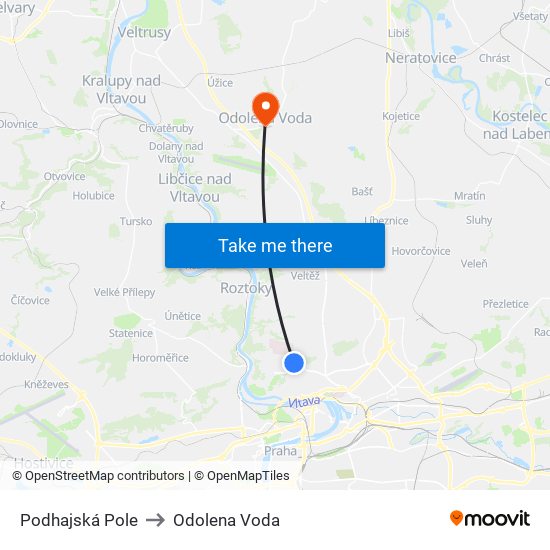 Podhajská Pole (B) to Odolena Voda map