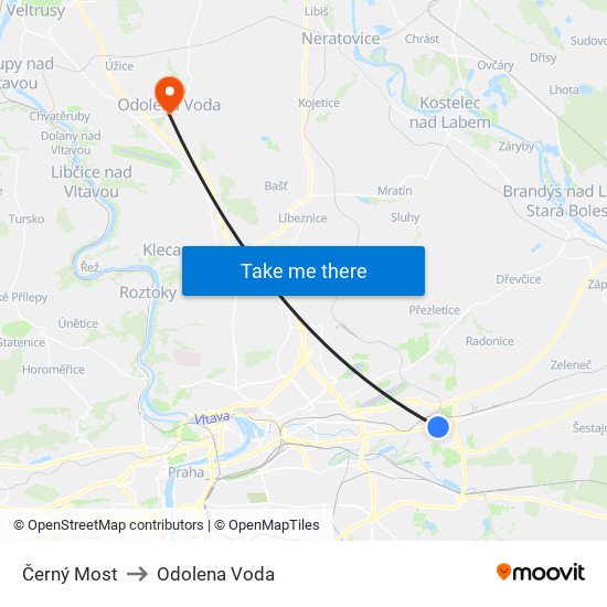 Černý Most to Odolena Voda map