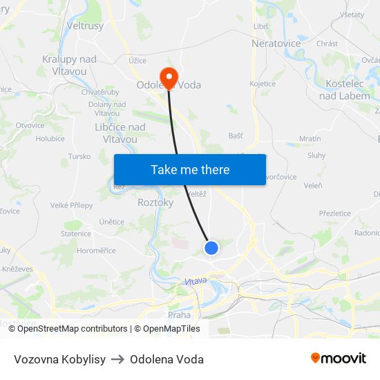 Vozovna Kobylisy to Odolena Voda map