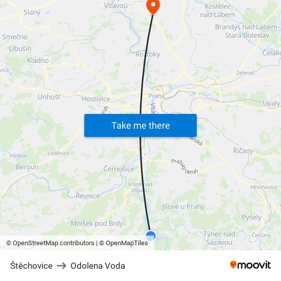 Štěchovice to Odolena Voda map