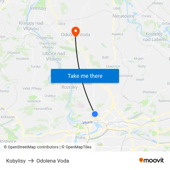 Kobylisy to Odolena Voda map