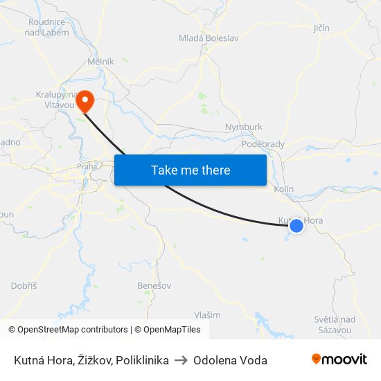 Kutná Hora, Žižkov, Poliklinika to Odolena Voda map