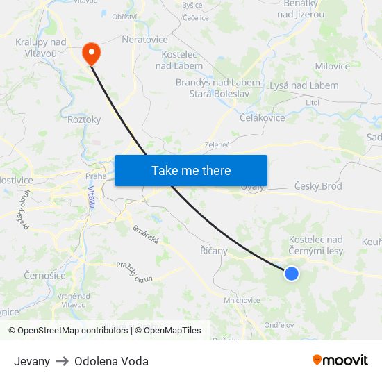 Jevany to Odolena Voda map