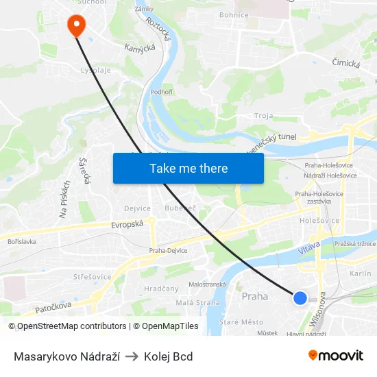 Masarykovo Nádraží to Kolej Bcd map