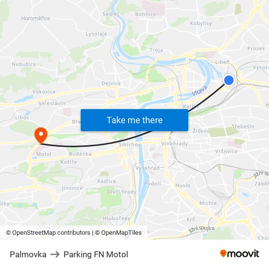 Palmovka to Parking FN Motol map