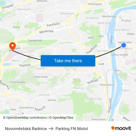 Novoměstská Radnice to Parking FN Motol map