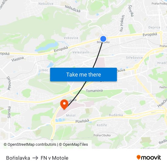 Bořislavka to FN v Motole map