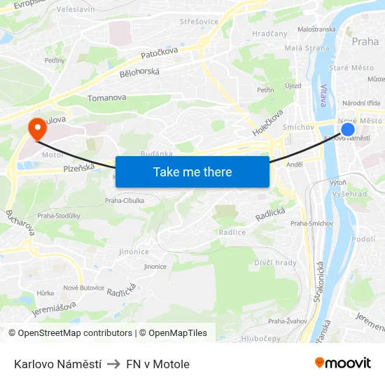 Karlovo Náměstí to FN v Motole map