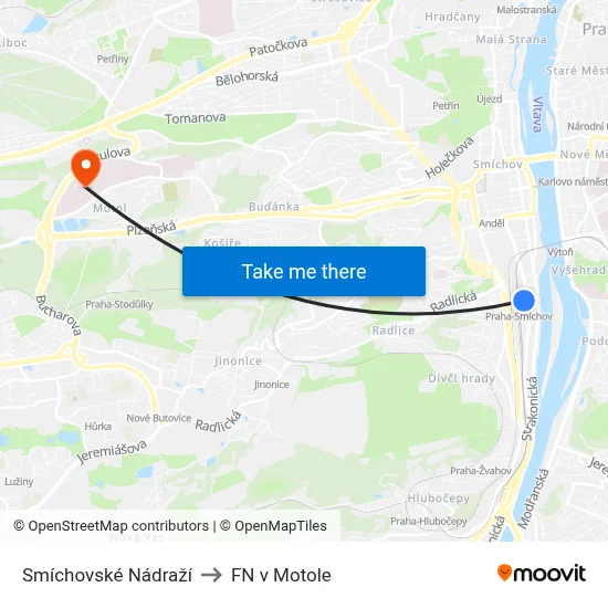 Smíchovské Nádraží to FN v Motole map