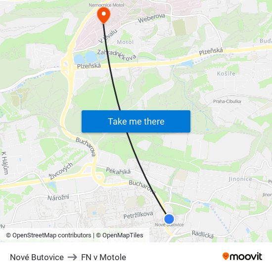 Nové Butovice to FN v Motole map