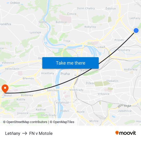 Letňany to FN v Motole map
