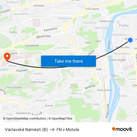 Václavské Náměstí (B) to FN v Motole map