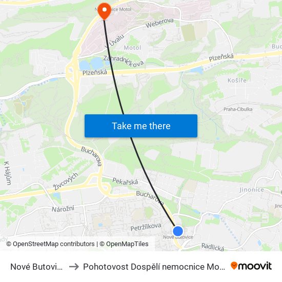 Nové Butovice to Pohotovost Dospělí nemocnice Motol map