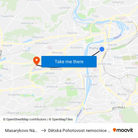 Masarykovo Nádraží to Dětská Pohotovost nemocnice Motol map