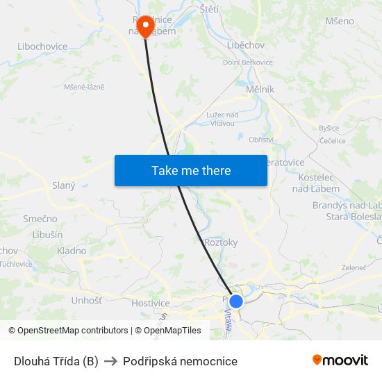 Dlouhá Třída (B) to Podřipská nemocnice map