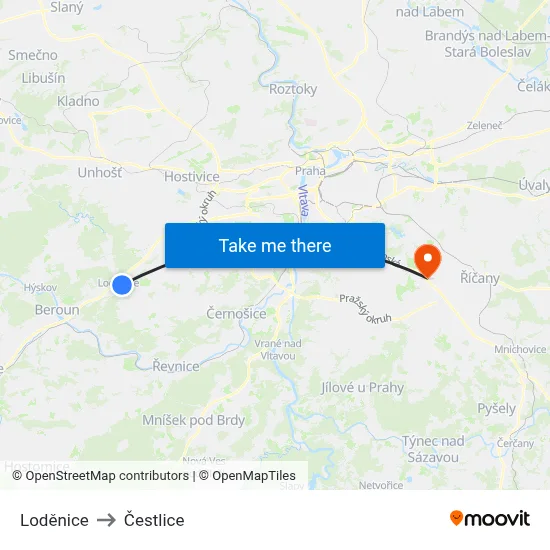 Loděnice to Čestlice map