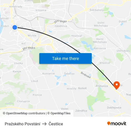 Pražského Povstání to Čestlice map