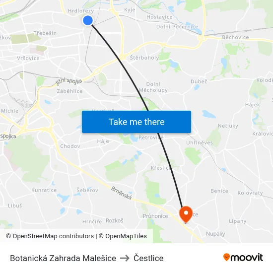 Botanická Zahrada Malešice to Čestlice map