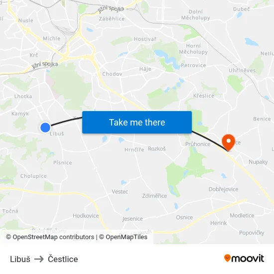 Libuš to Čestlice map