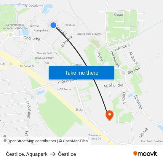 Čestlice, Aquapark to Čestlice map