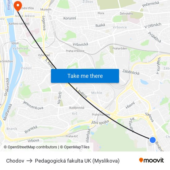 Chodov to Pedagogická fakulta UK (Myslíkova) map