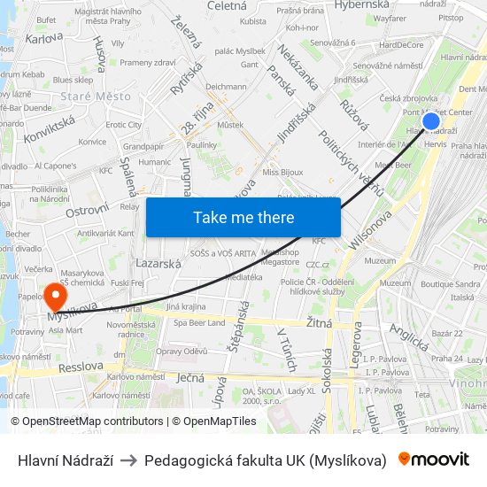Hlavní Nádraží to Pedagogická fakulta UK (Myslíkova) map