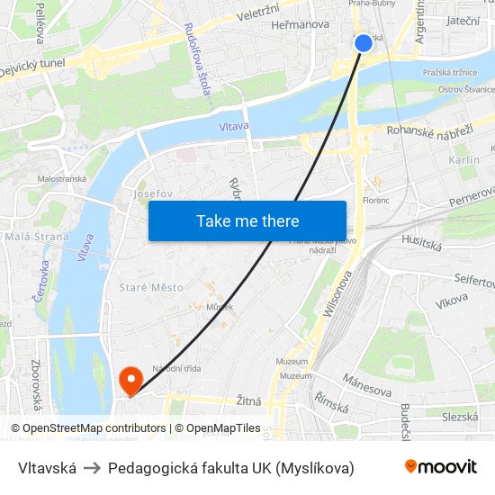 Vltavská to Pedagogická fakulta UK (Myslíkova) map