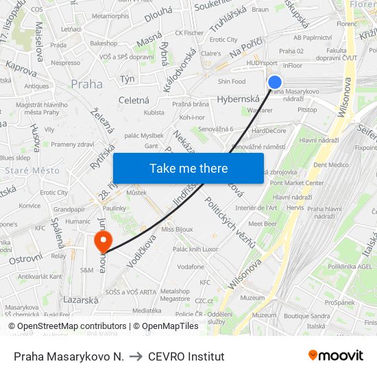 Praha Masarykovo N. to CEVRO Institut map