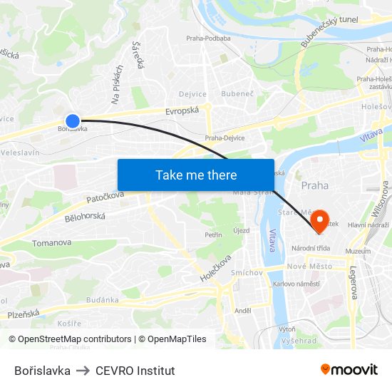 Bořislavka to CEVRO Institut map