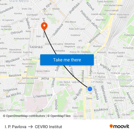 I. P. Pavlova to CEVRO Institut map