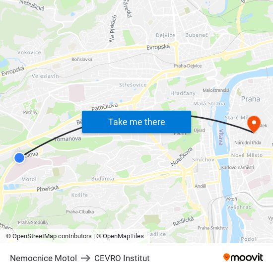 Nemocnice Motol to CEVRO Institut map