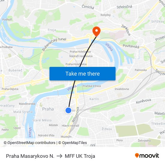 Praha Masarykovo N. to MFF UK Troja map