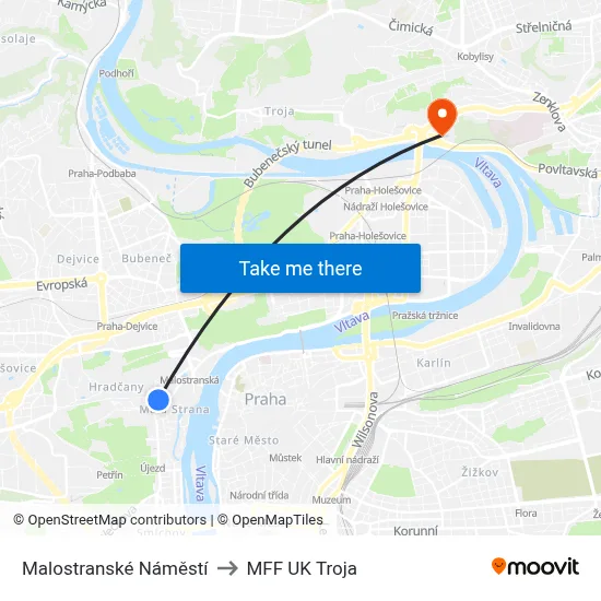 Malostranské Náměstí to MFF UK Troja map