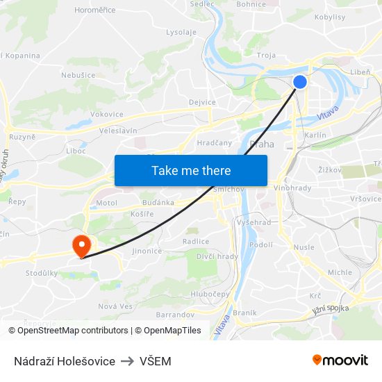 Nádraží Holešovice to VŠEM map