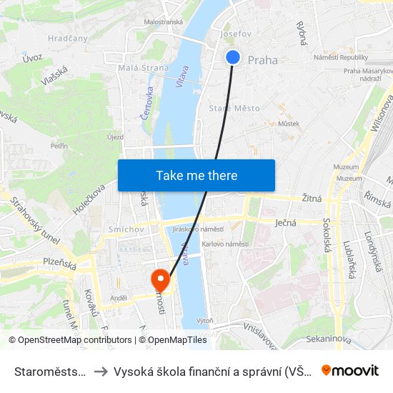 Staroměstská to Vysoká škola finanční a správní (VŠFS) map