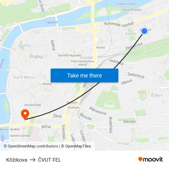 Křižíkova to ČVUT FEL map