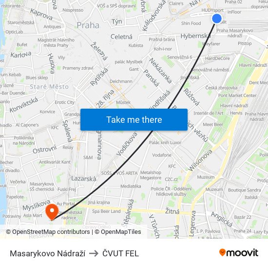 Masarykovo Nádraží to ČVUT FEL map