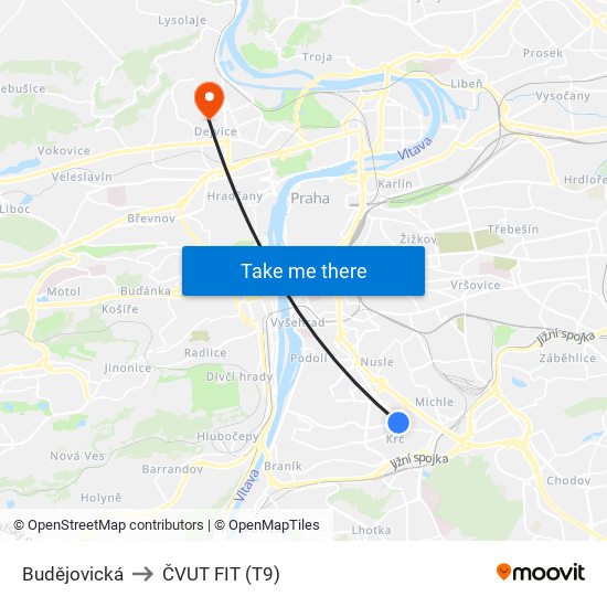 Budějovická to ČVUT FIT (T9) map