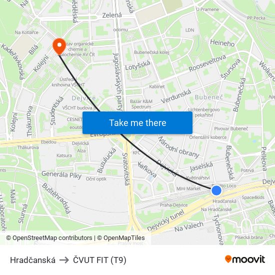 Hradčanská to ČVUT FIT (T9) map