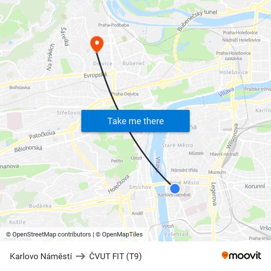 Karlovo Náměstí to ČVUT FIT (T9) map
