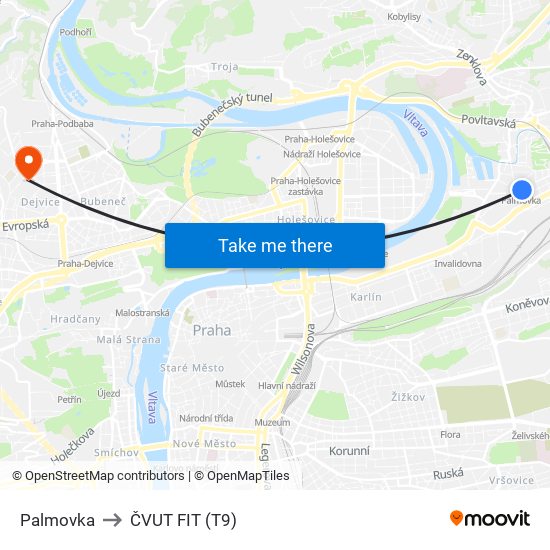 Palmovka to ČVUT FIT (T9) map
