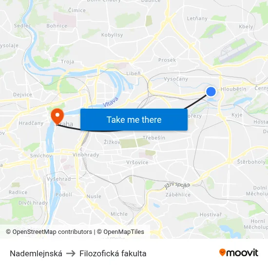 Nademlejnská to Filozofická fakulta map