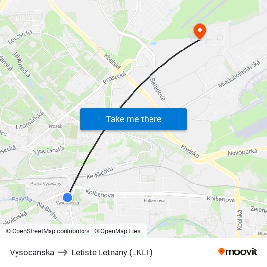 Vysočanská to Letiště Letňany (LKLT) map