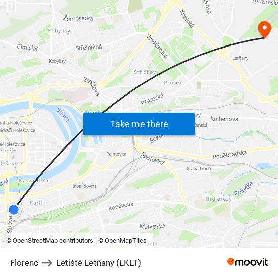 Florenc to Letiště Letňany (LKLT) map